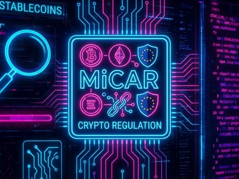 MiCAR crypto regulation visual showing stablecoin, Bitcoin, Ethereum and EU symbols with circuit board design representing EU digital asset compliance framework