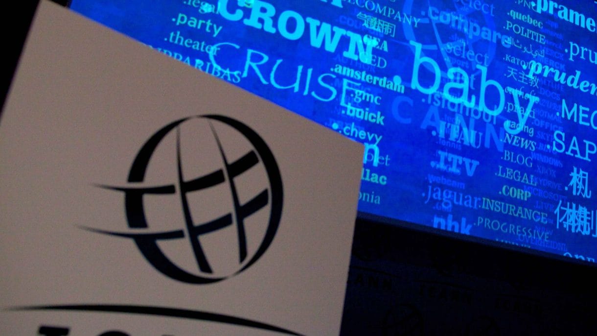 ICANN logo beside a screen listing generic top-level domains, illustrating ICANN's Registration Data Policy on domain ownership
