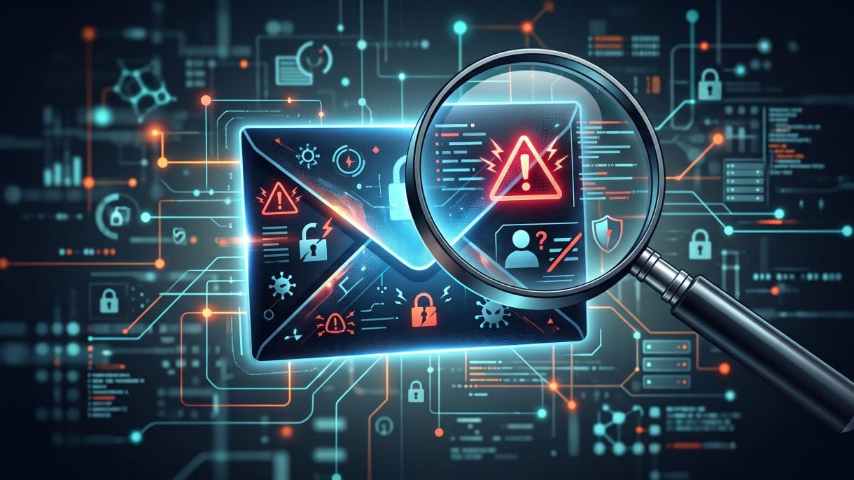 Magnifying glass inspecting a suspicious email envelope with warning icons, symbolising the scrutiny needed to spot phishing and spoofed domains.
