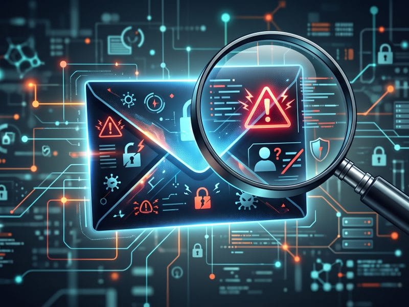Magnifying glass inspecting a suspicious email envelope with warning icons, symbolising the scrutiny needed to spot phishing and spoofed domains.